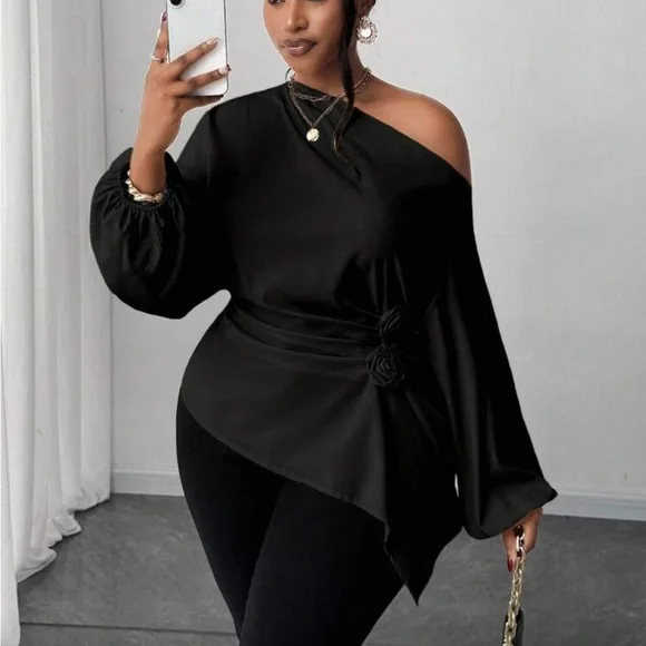 Plus Size Asymmetrical Off Shoulder Top Blouse Shirt Pink - Picture 4 of 16